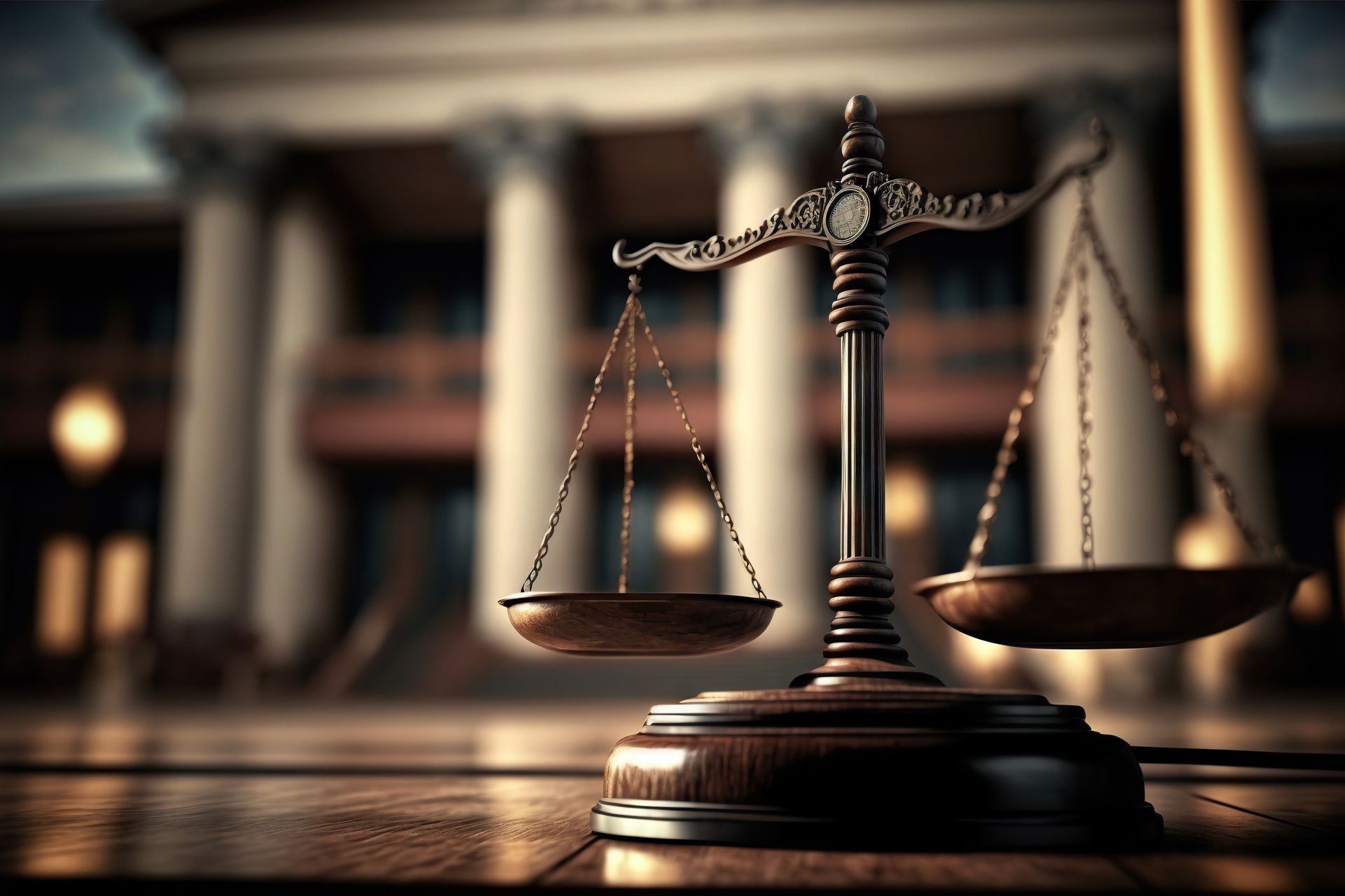 A scale of justice is sitting on a wooden floor in front of a courthouse.
