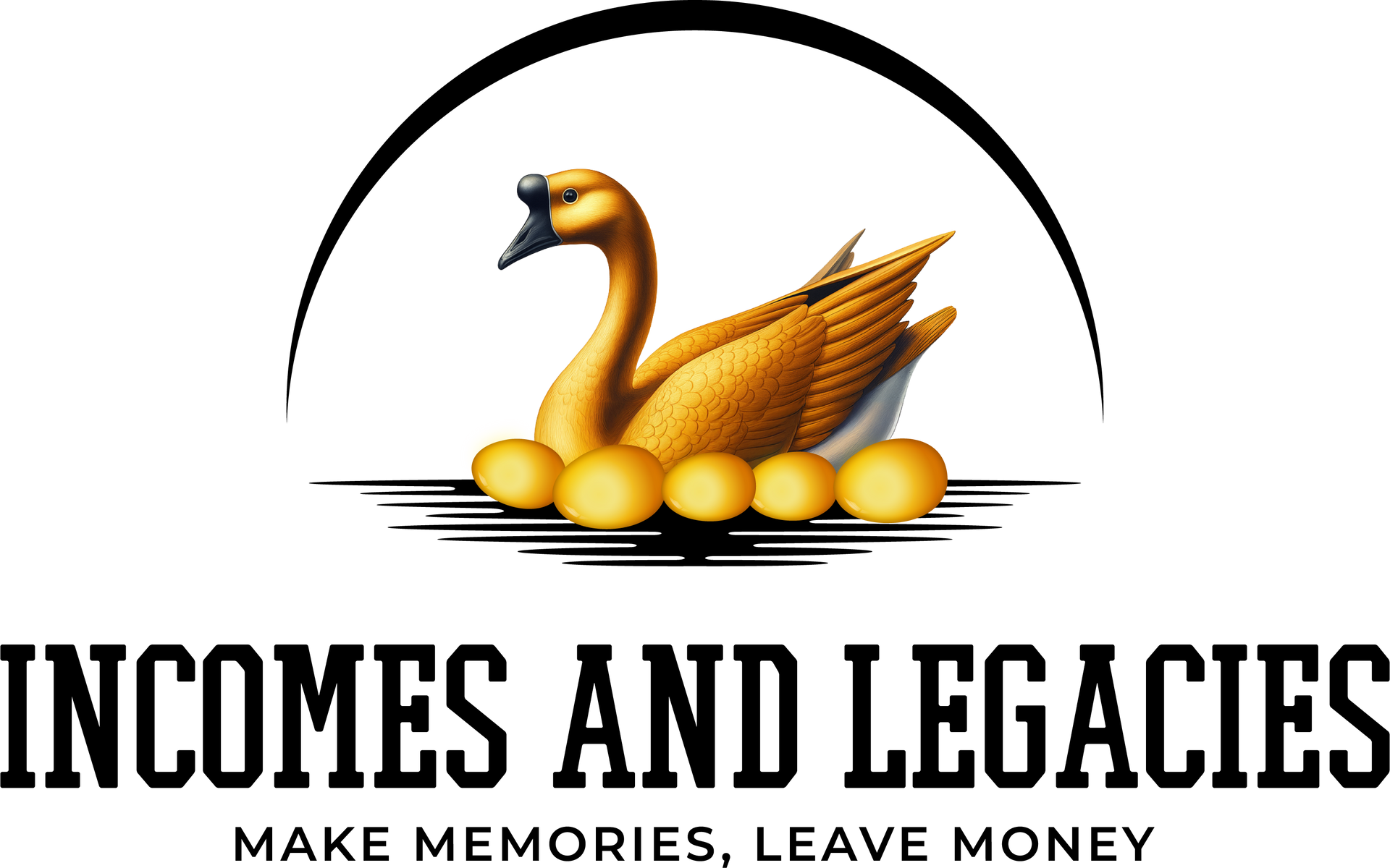 Logo of a golden goose sitting on a nest with eggs under a black arch. Text reads