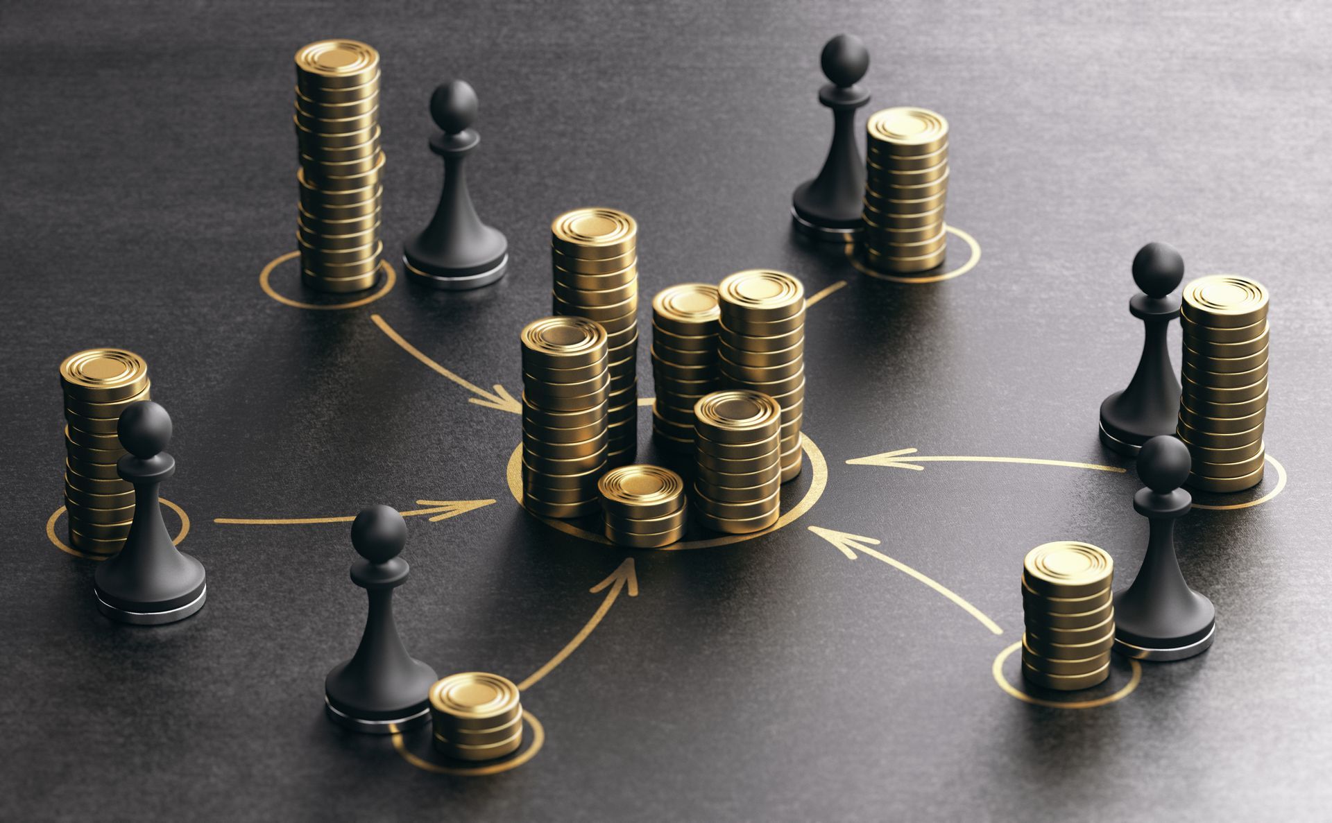 Black pawns surround stacks of gold coins connected by golden lines on a dark surface.