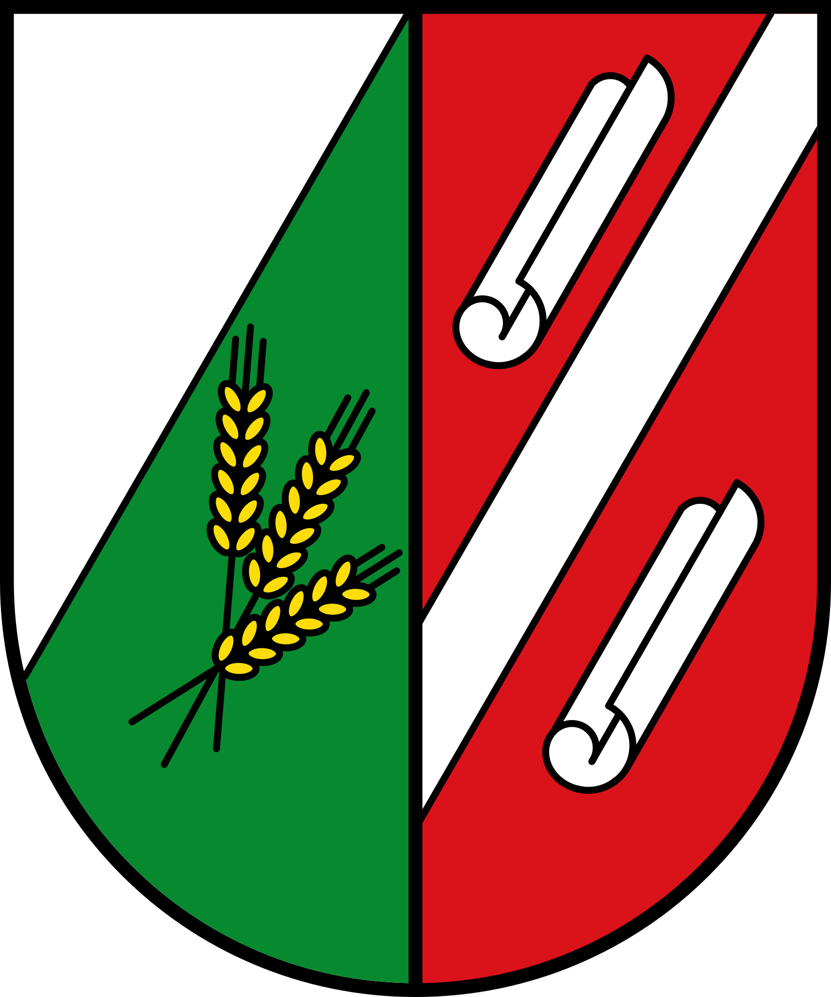 Schildförmiges Wappen, geteilt in Grün und Rot, mit Weizenähren auf der linken und zwei weißen diagonalen Stäben