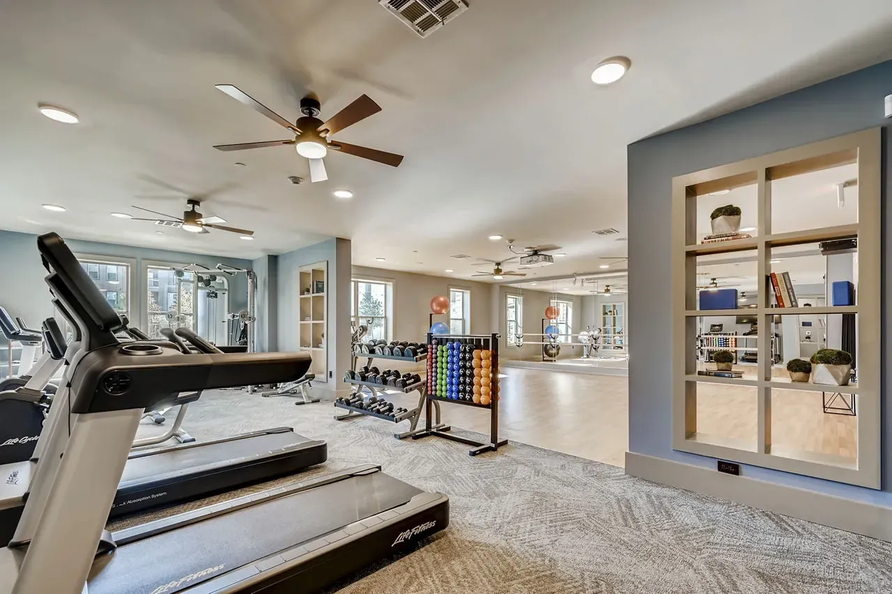 Well-lit community gym with treadmills, free weights, and a wall of mirrors.