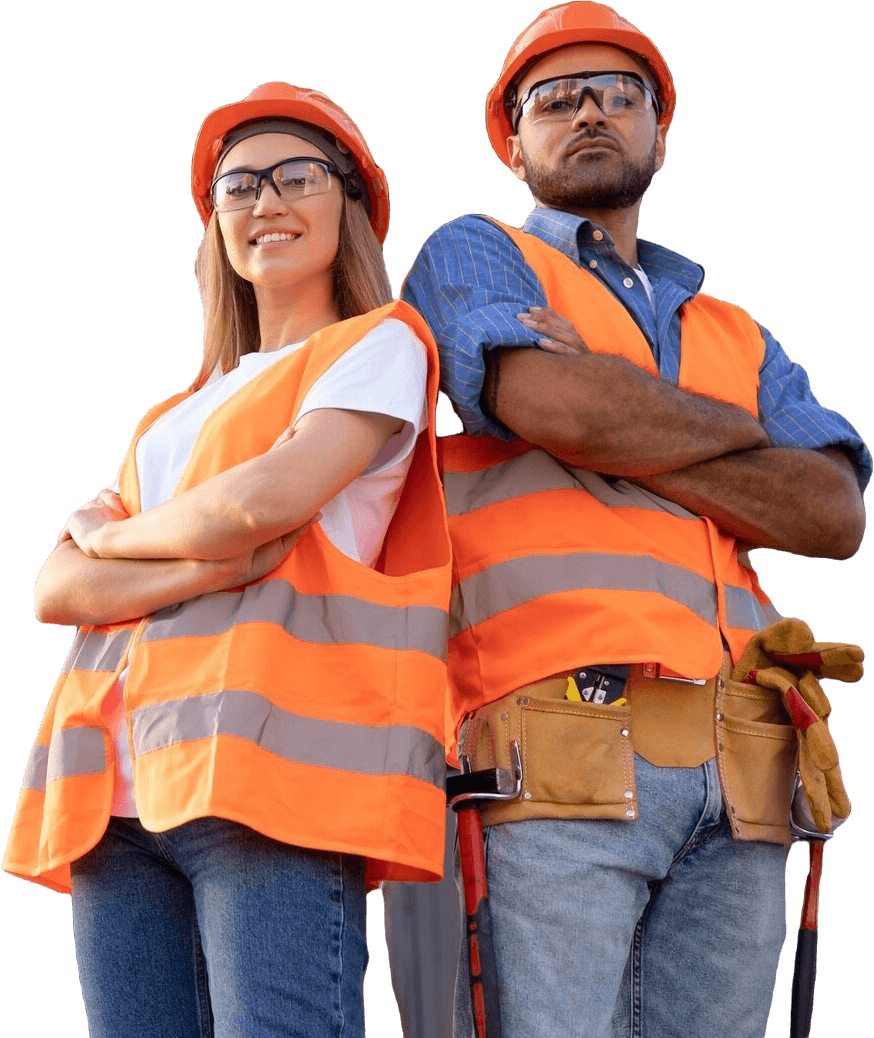 A man and a woman are standing next to each other with their arms crossed.