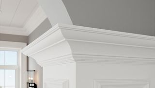 A white fireplace with a crown molding in a living room.
