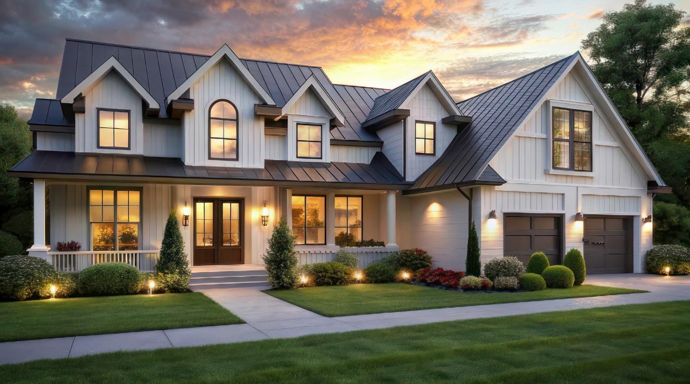 Modern two-story suburban house with lit windows, manicured lawn, and a sunset sky