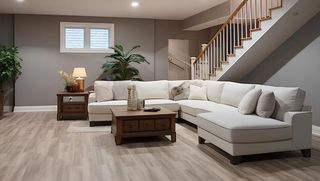A living room with a sectional couch , coffee table , and stairs.