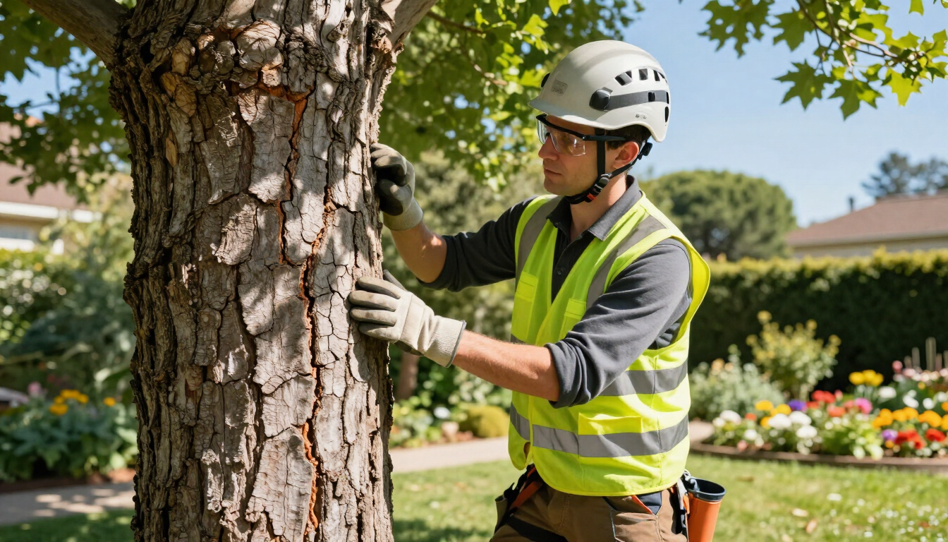Arborist inspecting tree