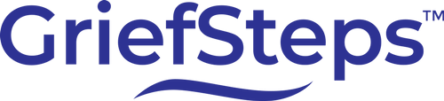 GriefSteps logo in blue with a stylized wave underline
