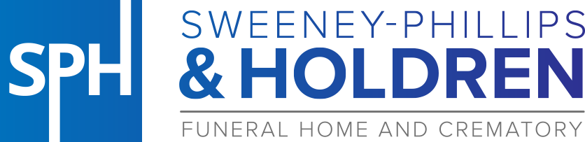 Logo for Sweeney-Phillips & Holdren Funeral Home and Crematory with blue and white letters.