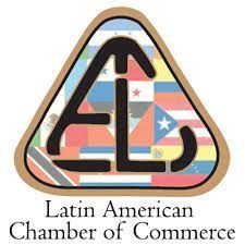 The latin american chamber of commerce logo is a triangle with flags on it.