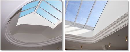 Two sections of a white ceiling with skylights. One is a rounded design with a geometric skylight, the other is a rectangular skylight.