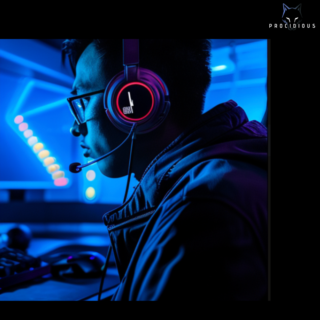 Person wearing illuminated headset, focused on computer screen in blue-lit gaming setup.