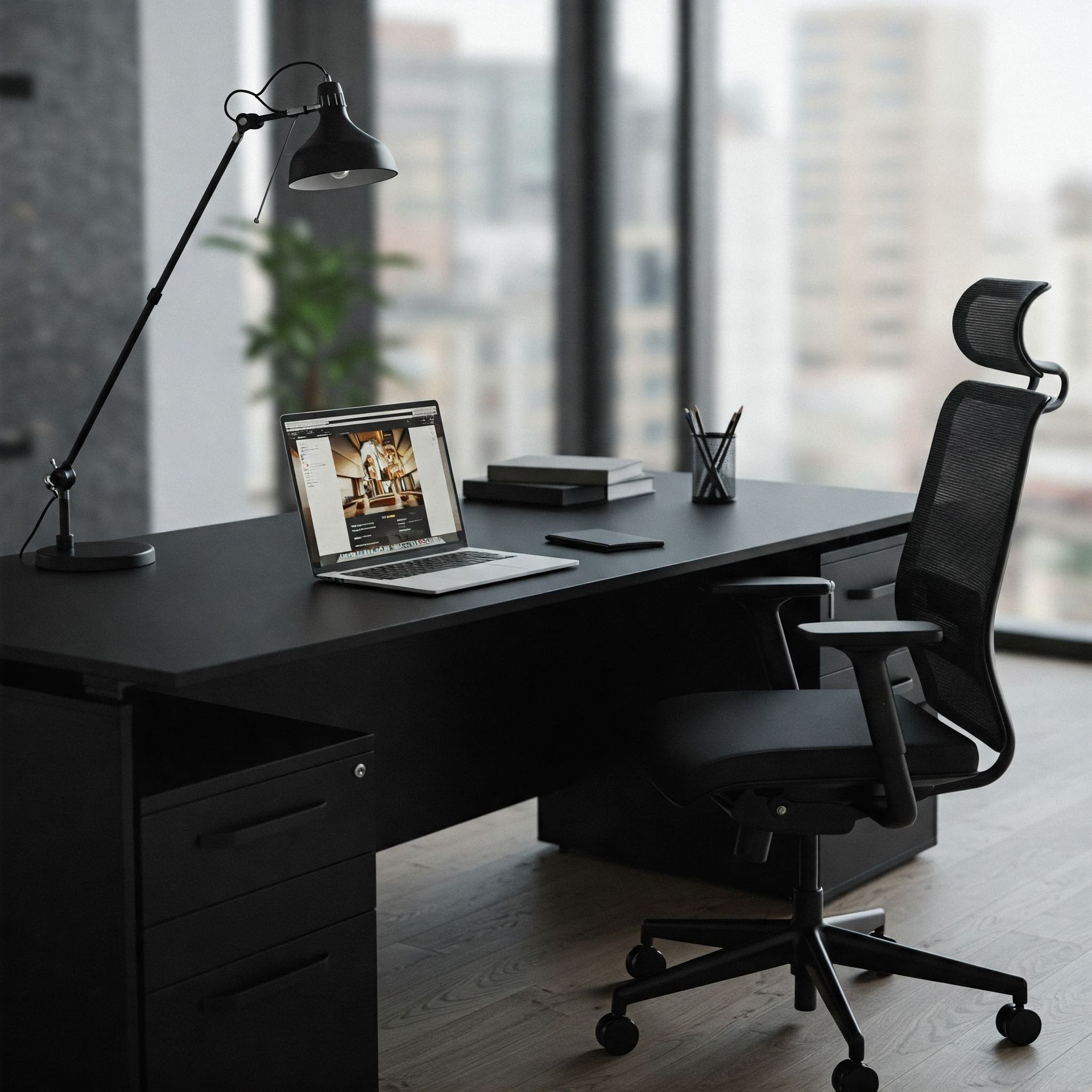 Black desk with laptop, lamp, chair, and filing cabinet in an office setting with a city view.