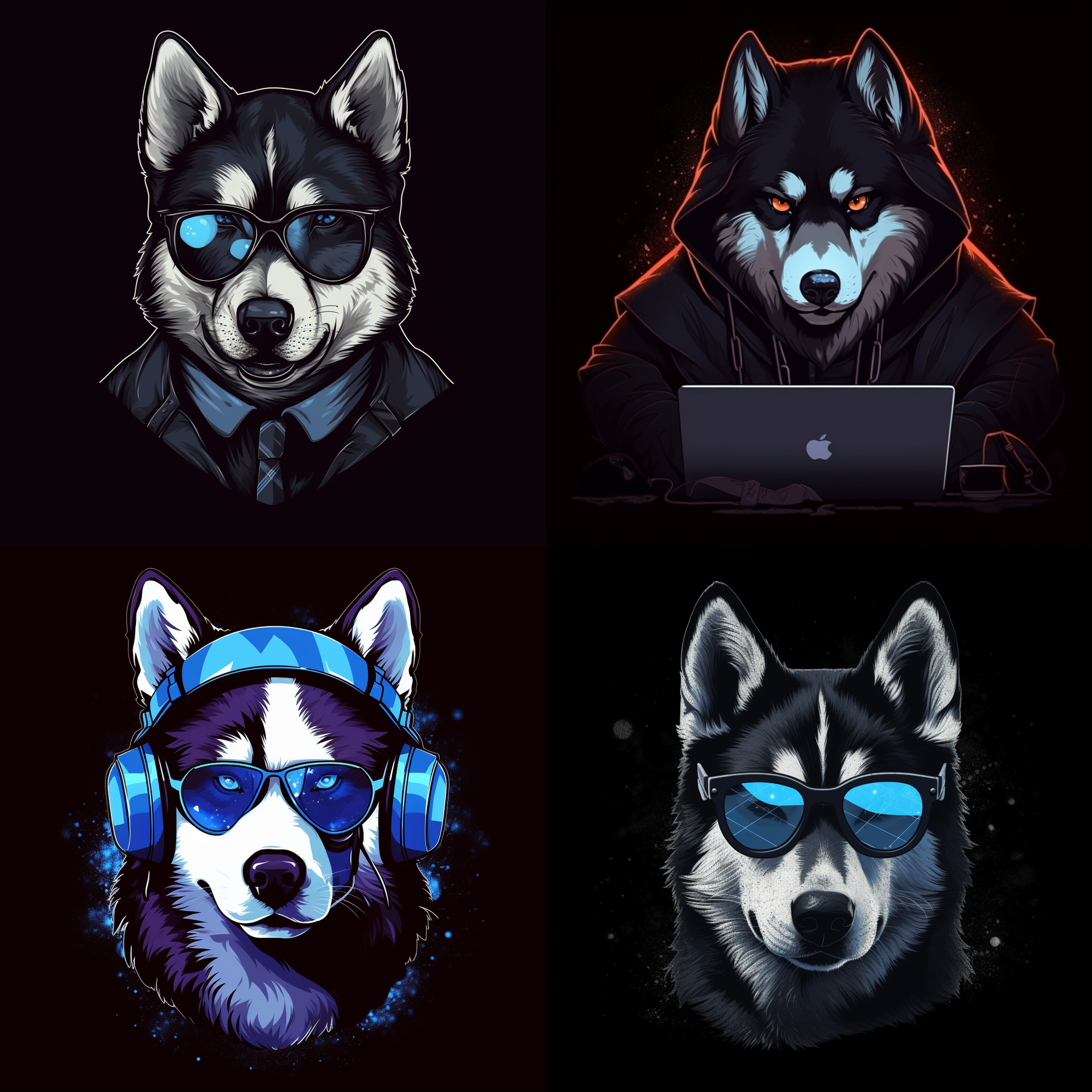 Four husky dogs wearing sunglasses and headphones