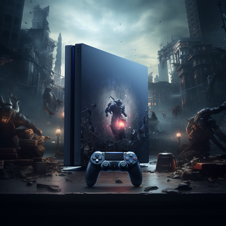 A PlayStation 4 console and controller with a game image on the console, in a dark, destroyed cityscape.