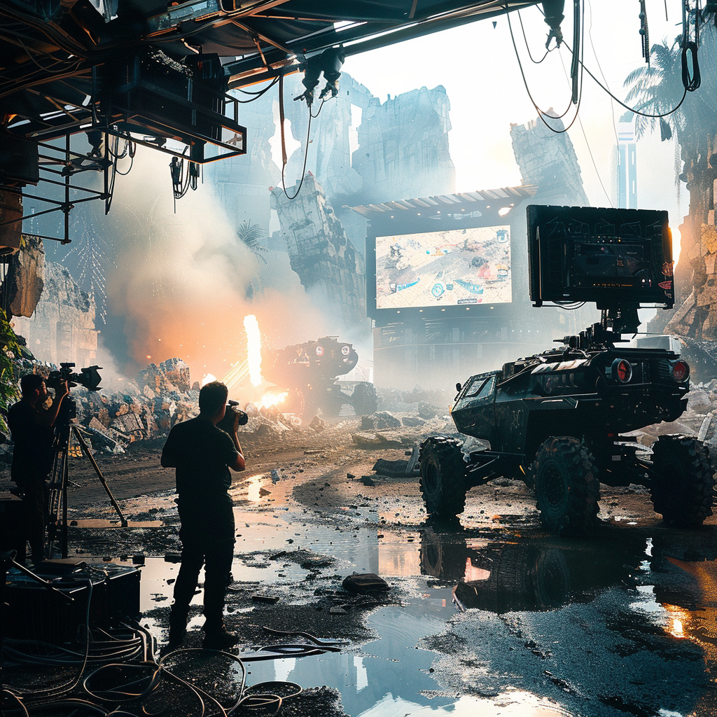 A filming crew in a post-apocalyptic setting with monitors, cameras, and a rugged vehicle.