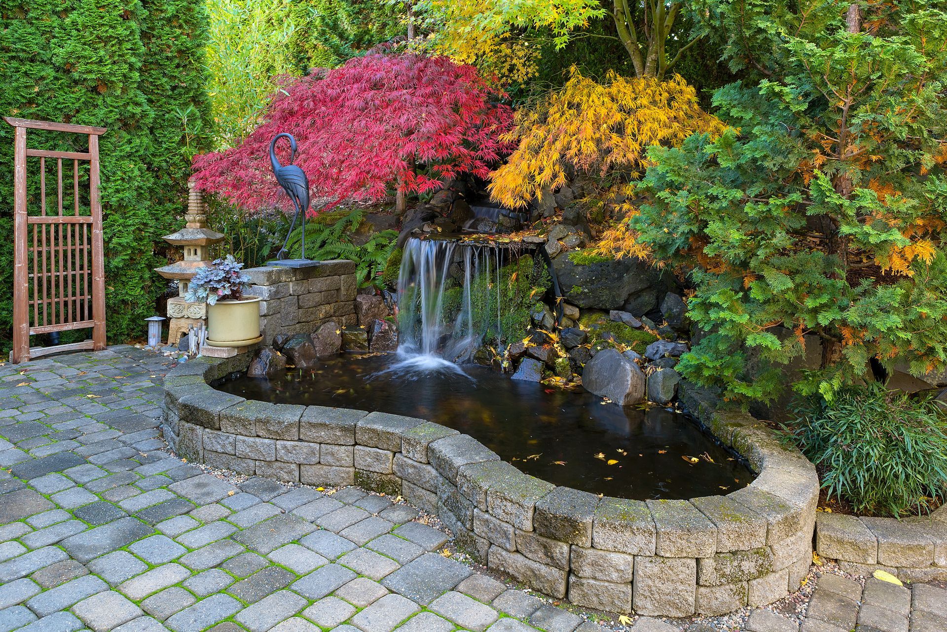 Waterfall in a garden with red and yellow trees, stone pond, and wooden trellis.
