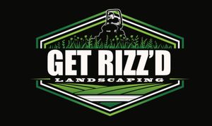 Logo for "Get Rizz'd Landscaping": a lawnmower, grass, and a field within a green and white hexagon on a black background.