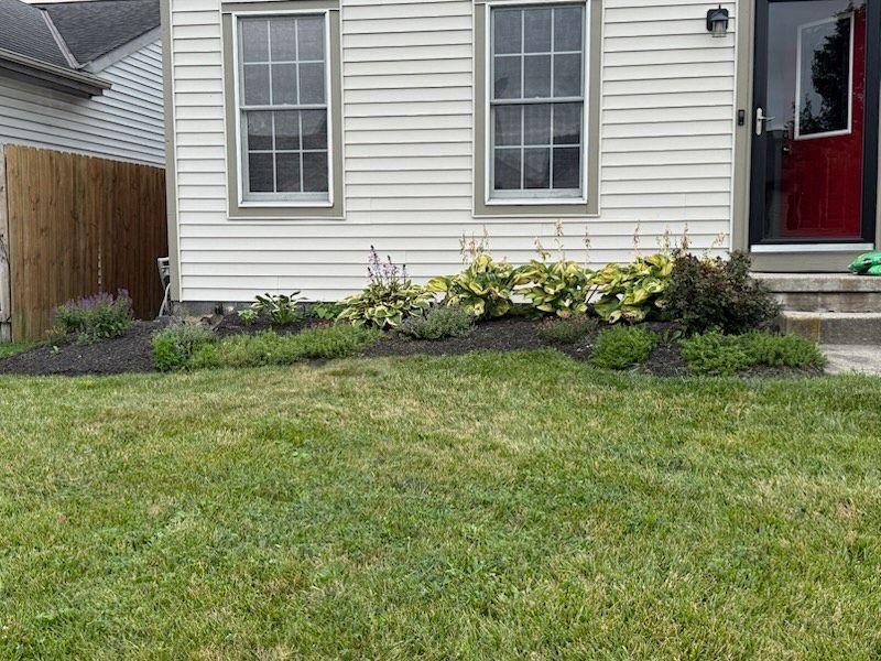 Front of a white house with a landscaped garden bed and green lawn.