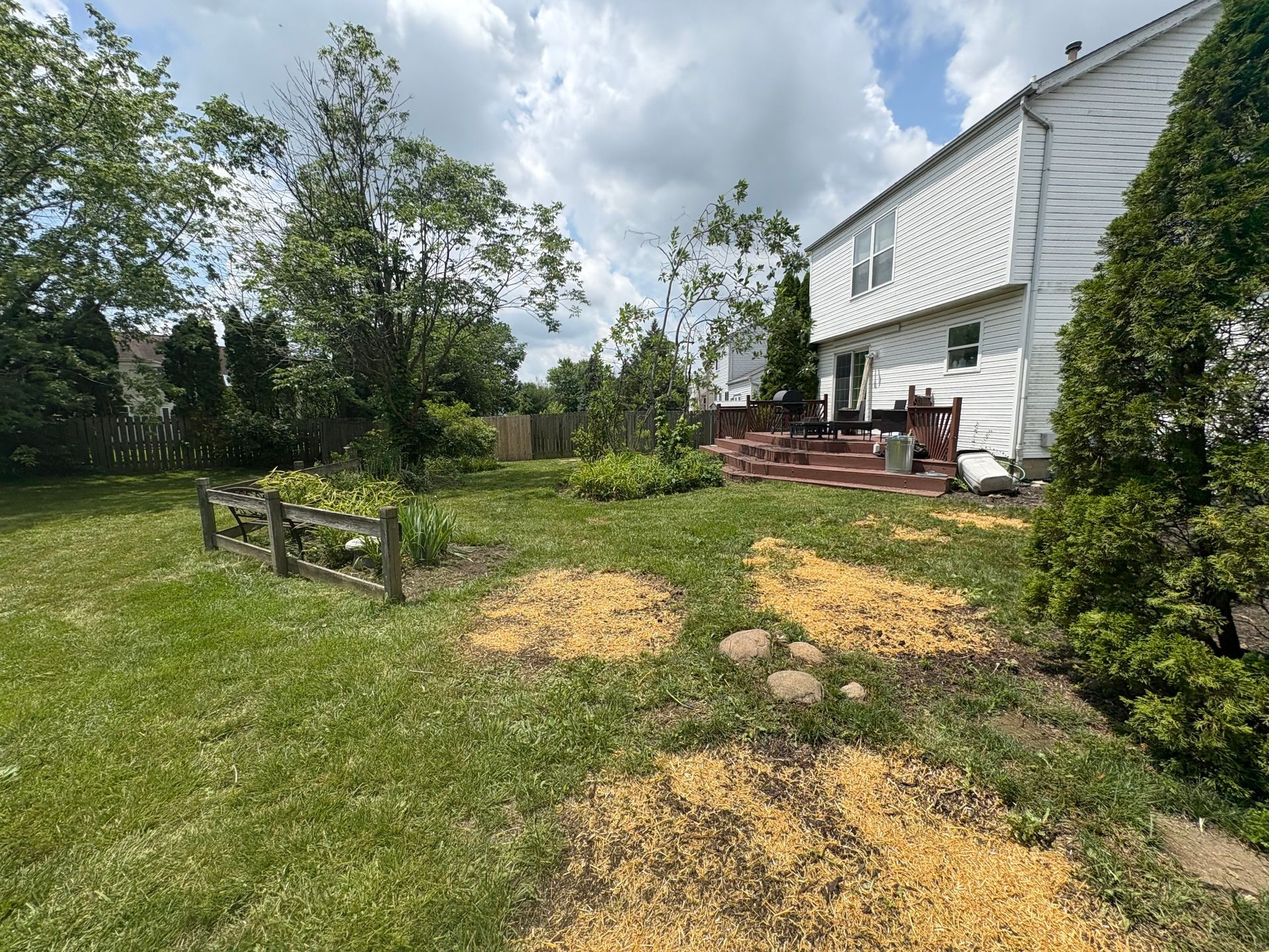 Backyard with house and deck. Mulch patches on grass. Trees and fence in the background. Cloudy sky.