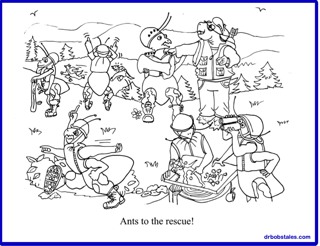 Ants helping humans outdoors, labeled 