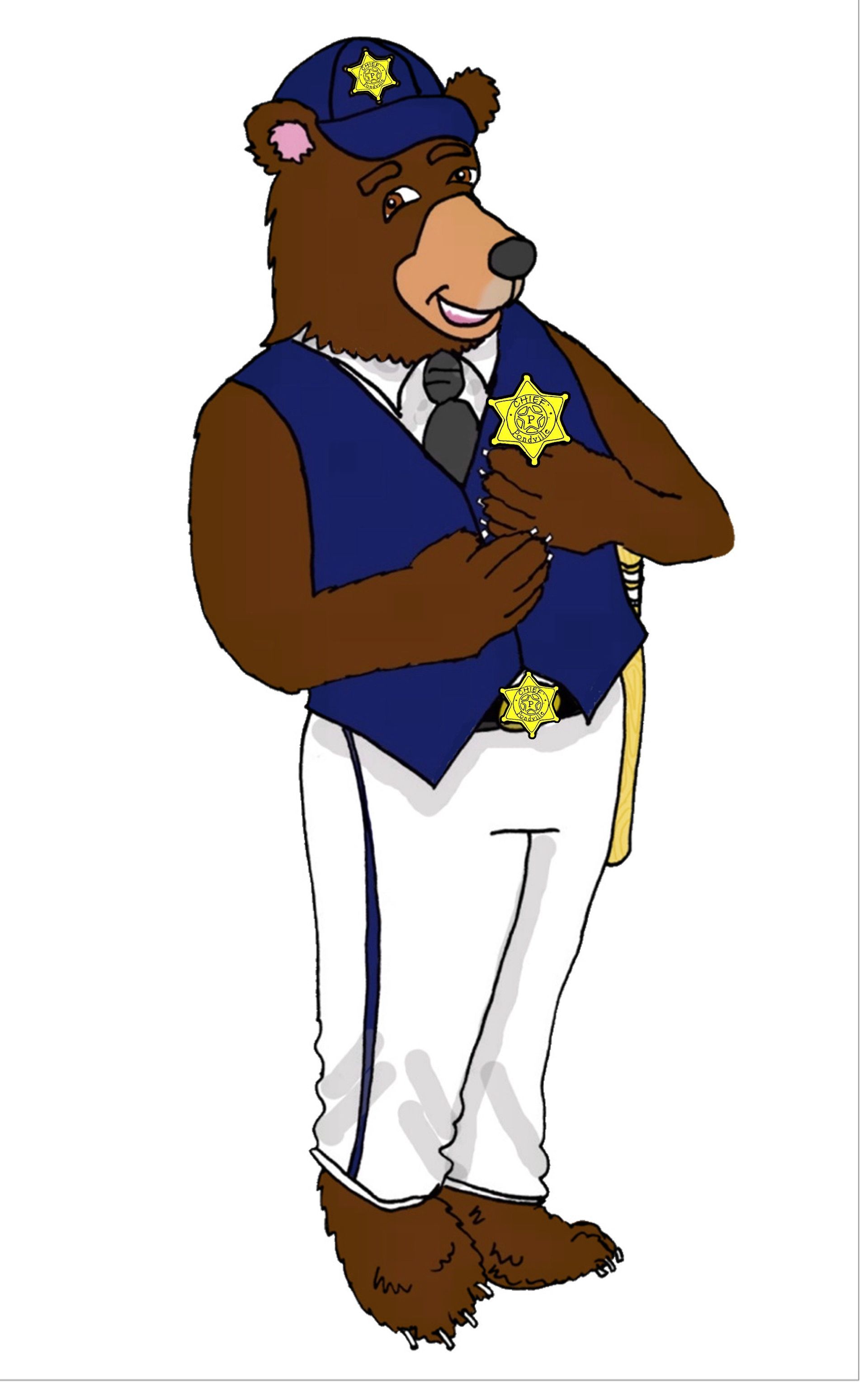 Bear in a police uniform, holding badge.