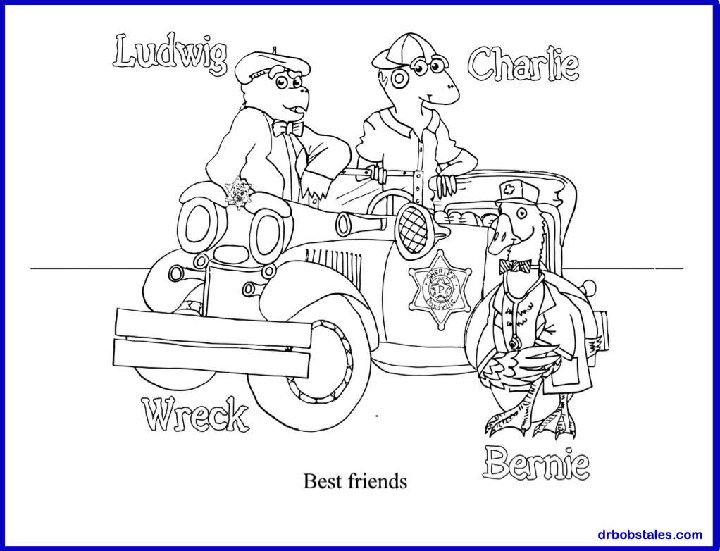 Line drawing of four animal characters with a car. Two are in the car, and two are outside. 