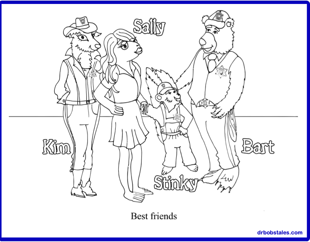 Line drawing of four anthropomorphic animals labeled Kim, Sally, Stinky, and Bart