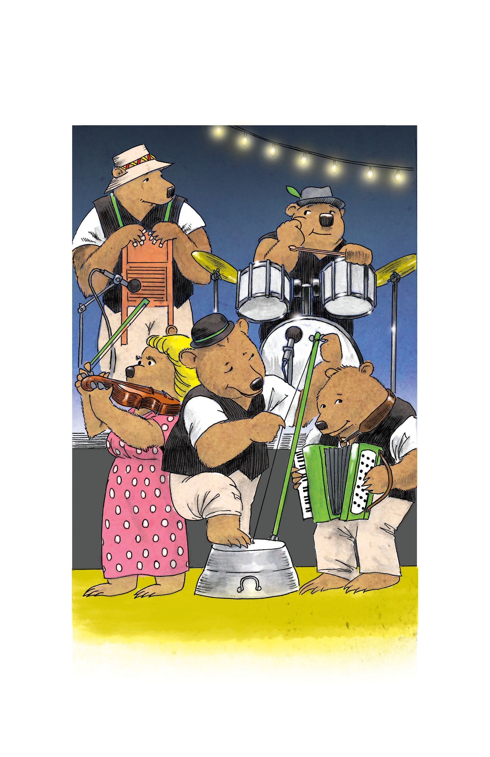 Band of brown bears performing on a stage, playing various musical instruments.