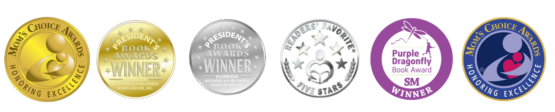 A row of six circular award seals, gold, silver, and purple, indicating product recognition.