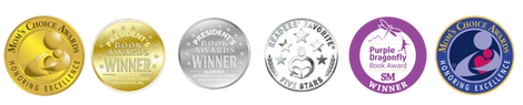 A row of six circular award seals, gold, silver, and purple, indicating product recognition.