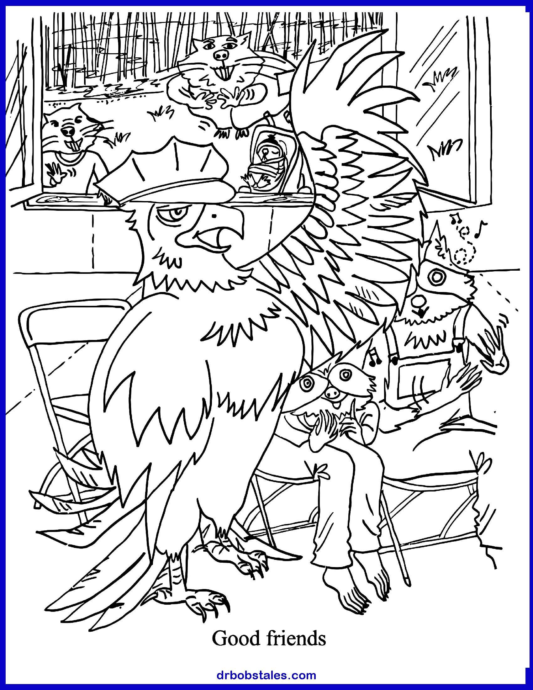 Cartoon of a bird wearing a hat, with friends in a bar; text says 