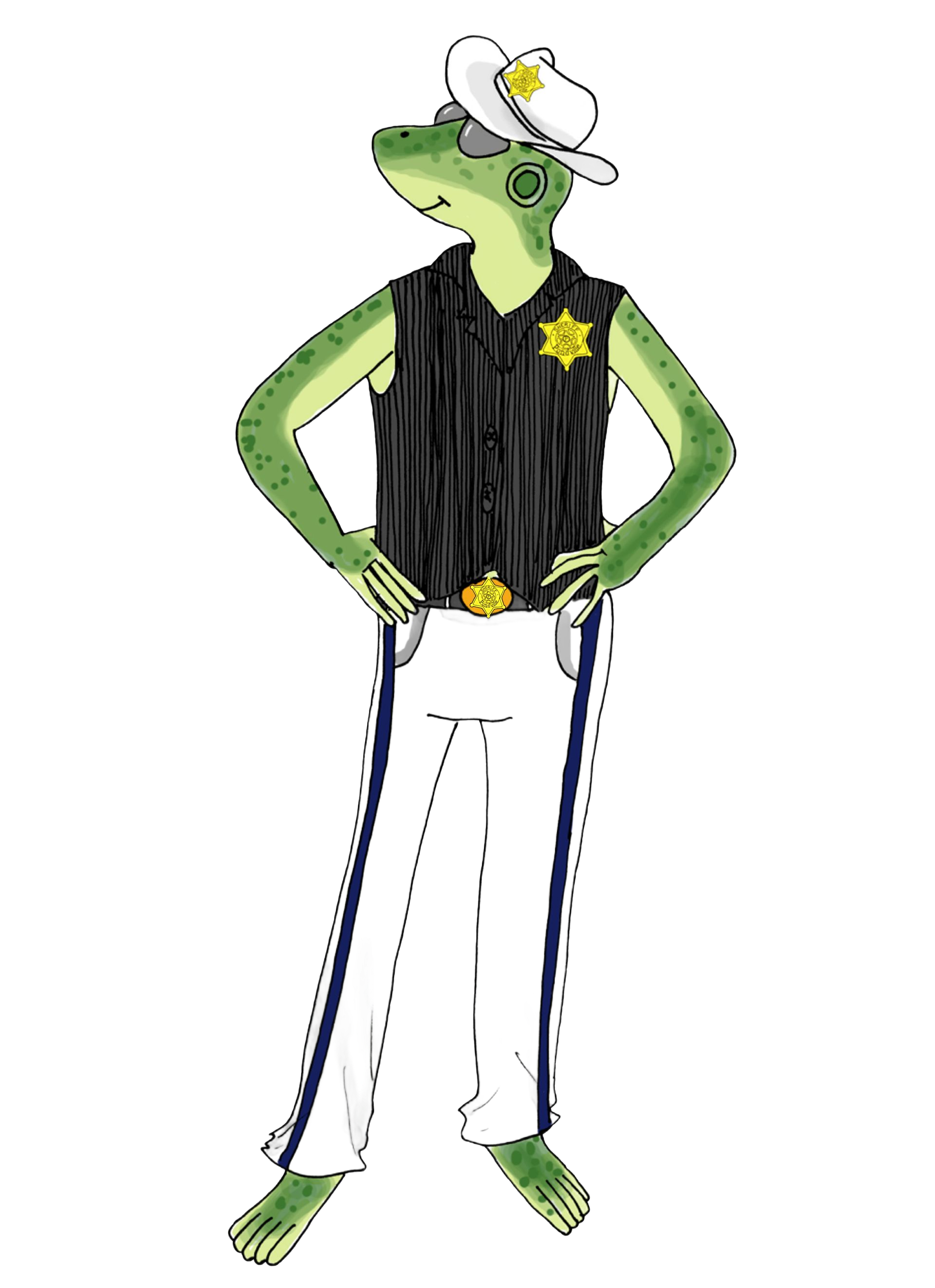 Green lizard sheriff in uniform, hands on hips, wearing a hat and sunglasses.