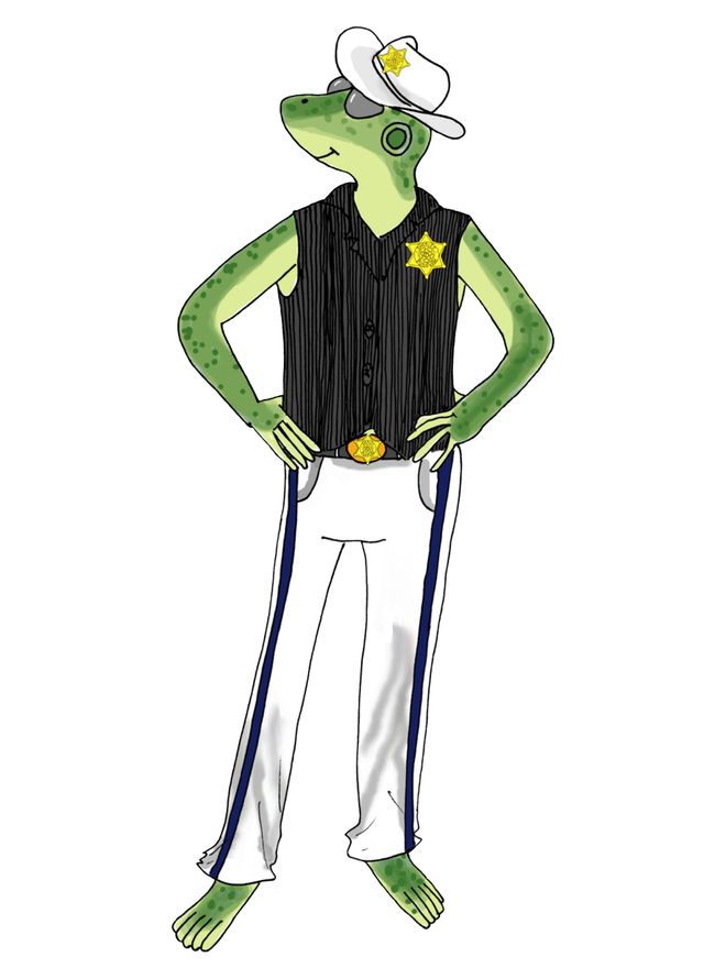 Green lizard sheriff in uniform, hands on hips, wearing a hat and sunglasses.