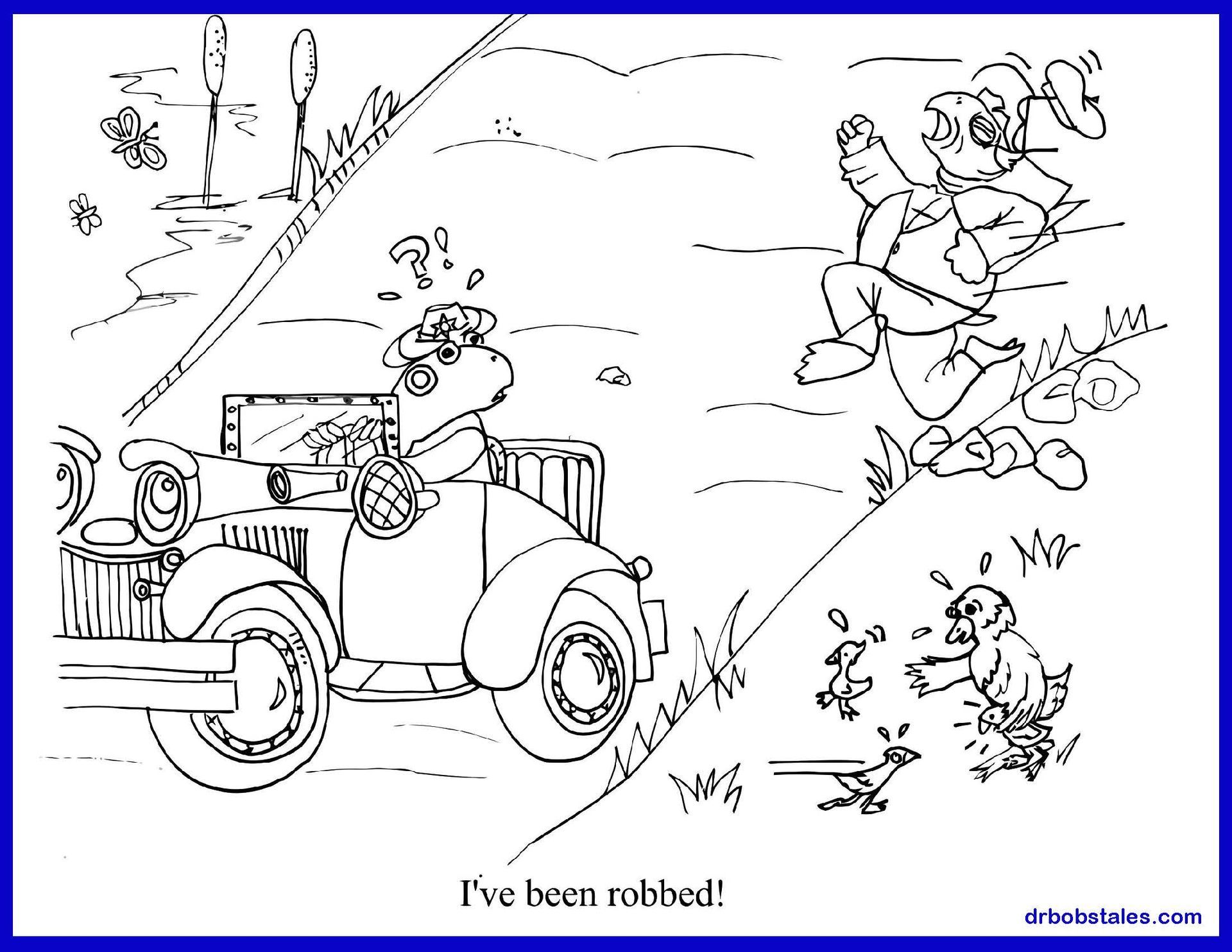 A dinosaur driver in a car is robbed by a running person, and small animals are fleeing.