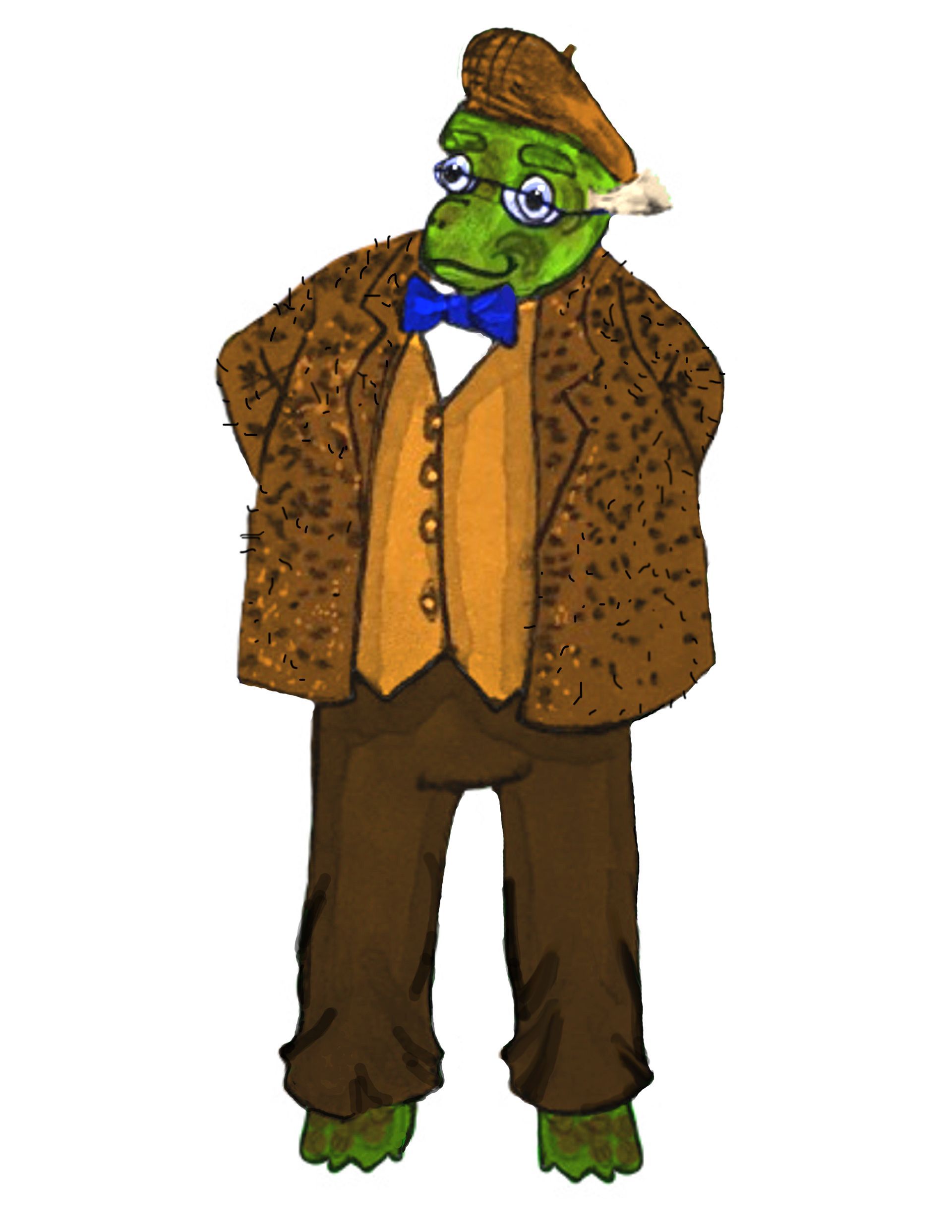 Turtle wearing tweed jacket, bow tie, beret, and glasses.