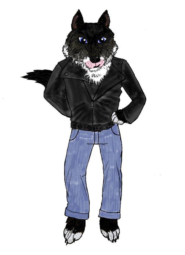Wolf character wearing a black jacket and blue jeans, standing with one hand on hip.