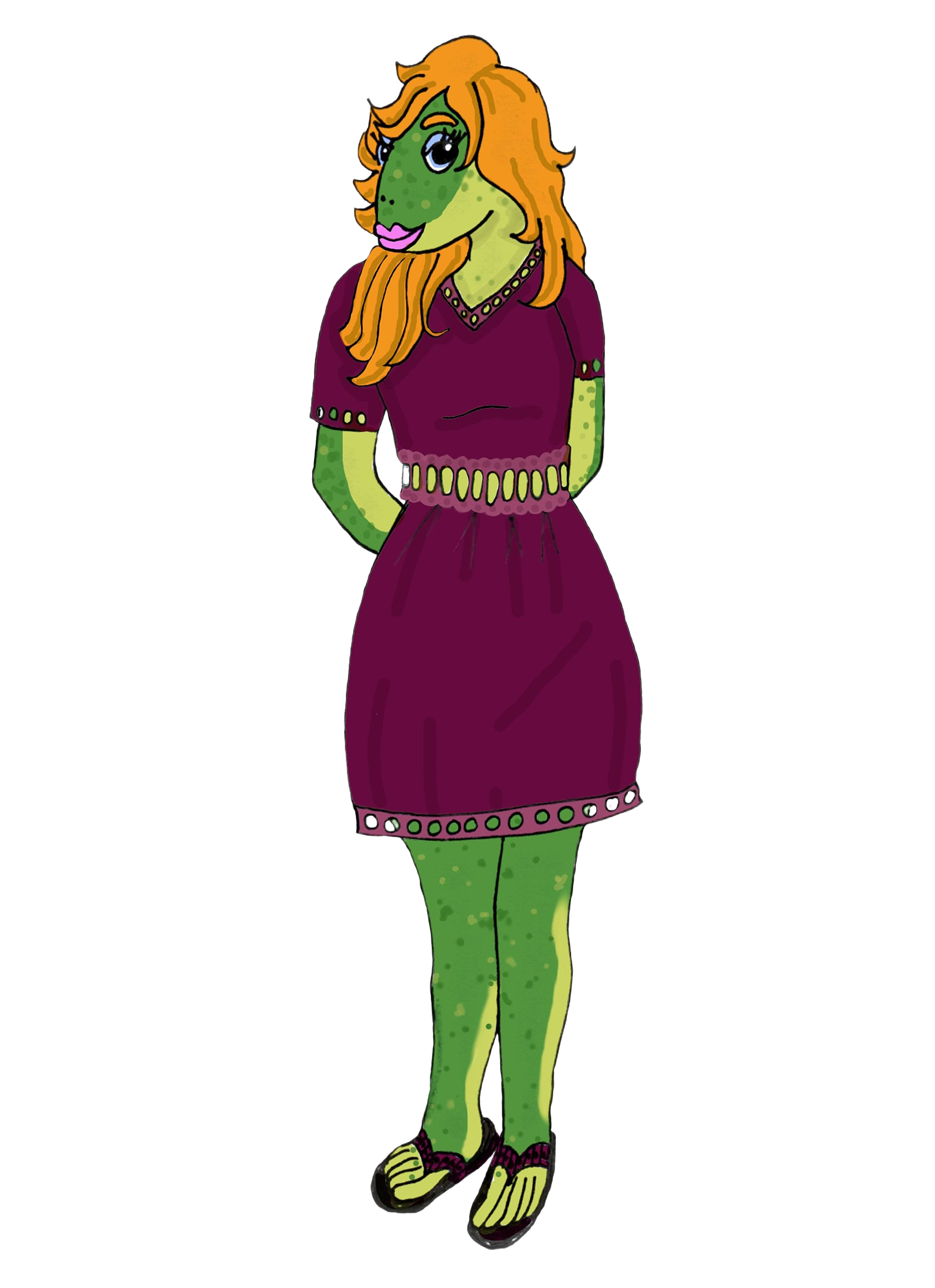 A green reptilian figure with orange hair in a purple dress and sandals.