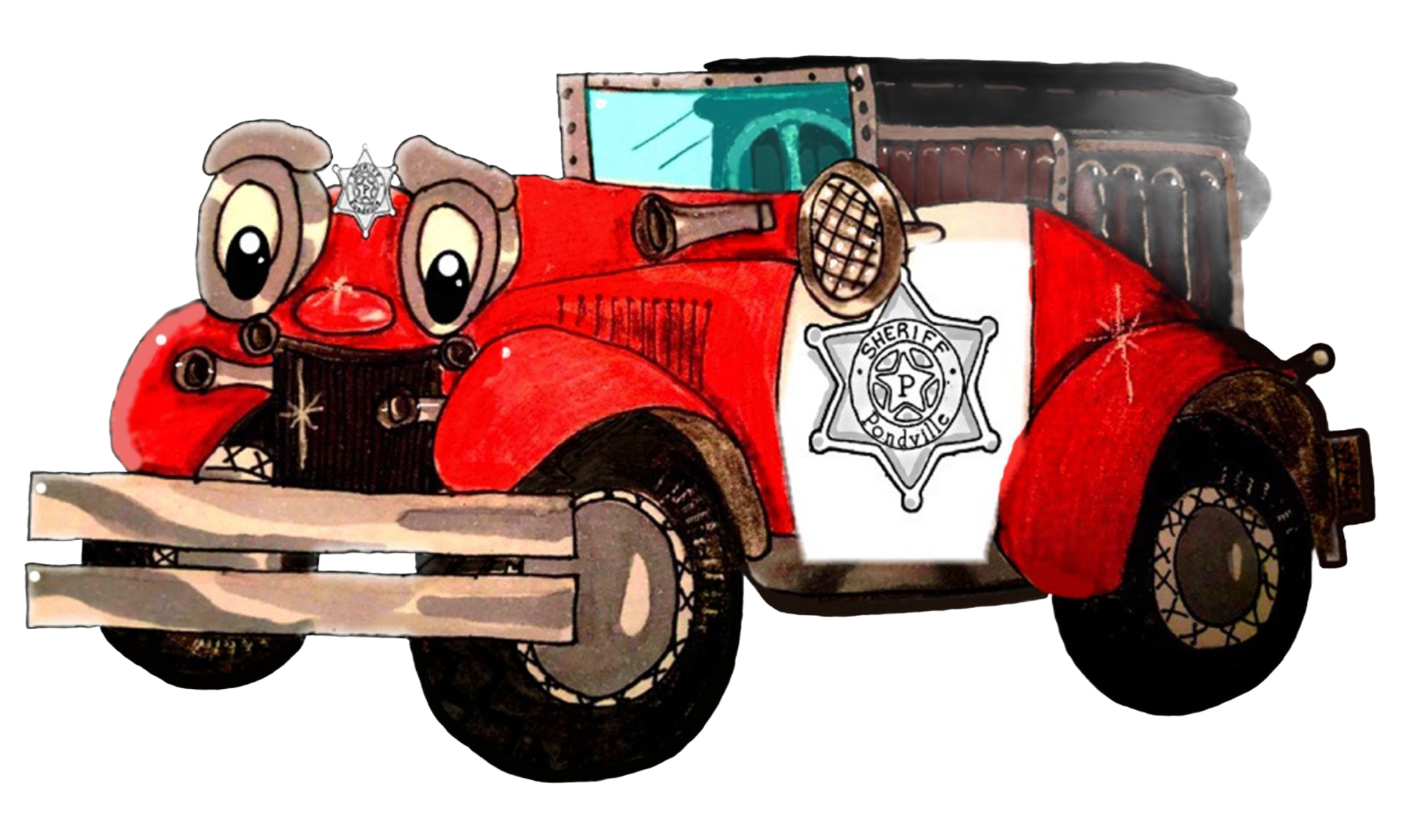 Red cartoon sheriff car with surprised expression, badge on door.