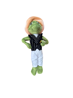 Stuffed green turtle wearing a black vest, white pants, and a tan hat.