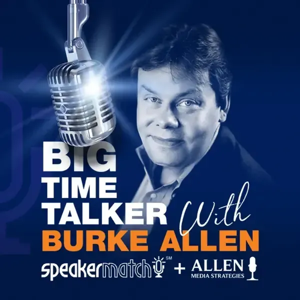 Podcast cover: Burke Allen with microphone, title 