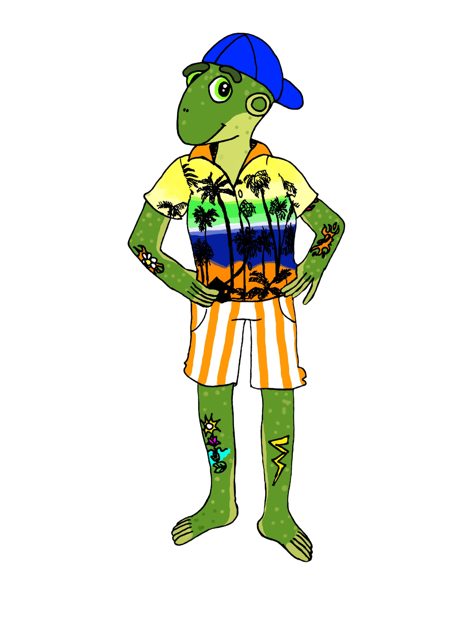 Green lizard wearing a blue cap, Hawaiian shirt, striped shorts, and tattoos, standing with hands on hips.