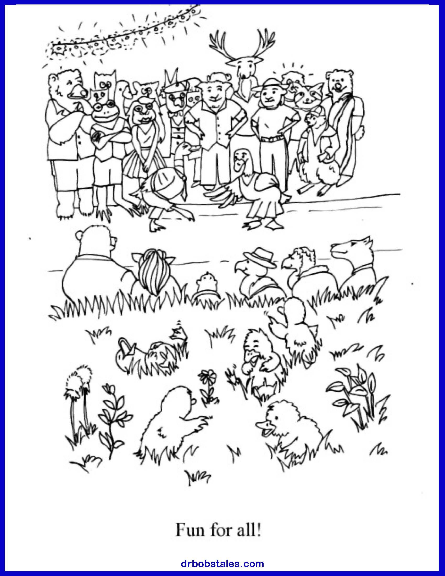 A crowd of animal and human figures gathered outdoors, captioned 