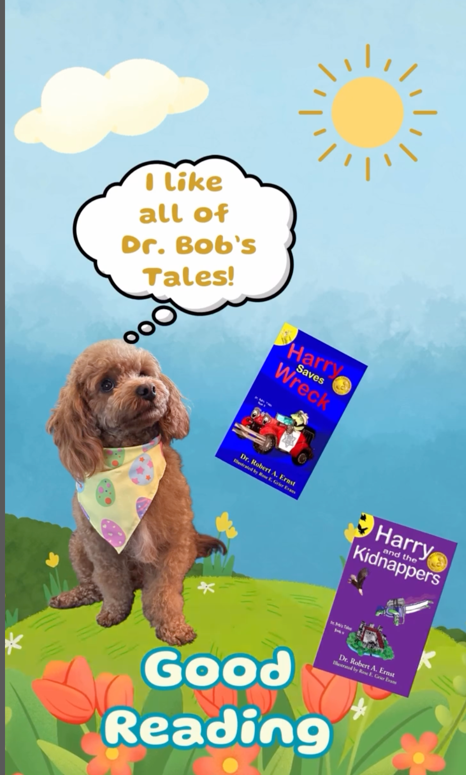 Dog with books, thought bubble, sunny outdoors: 
