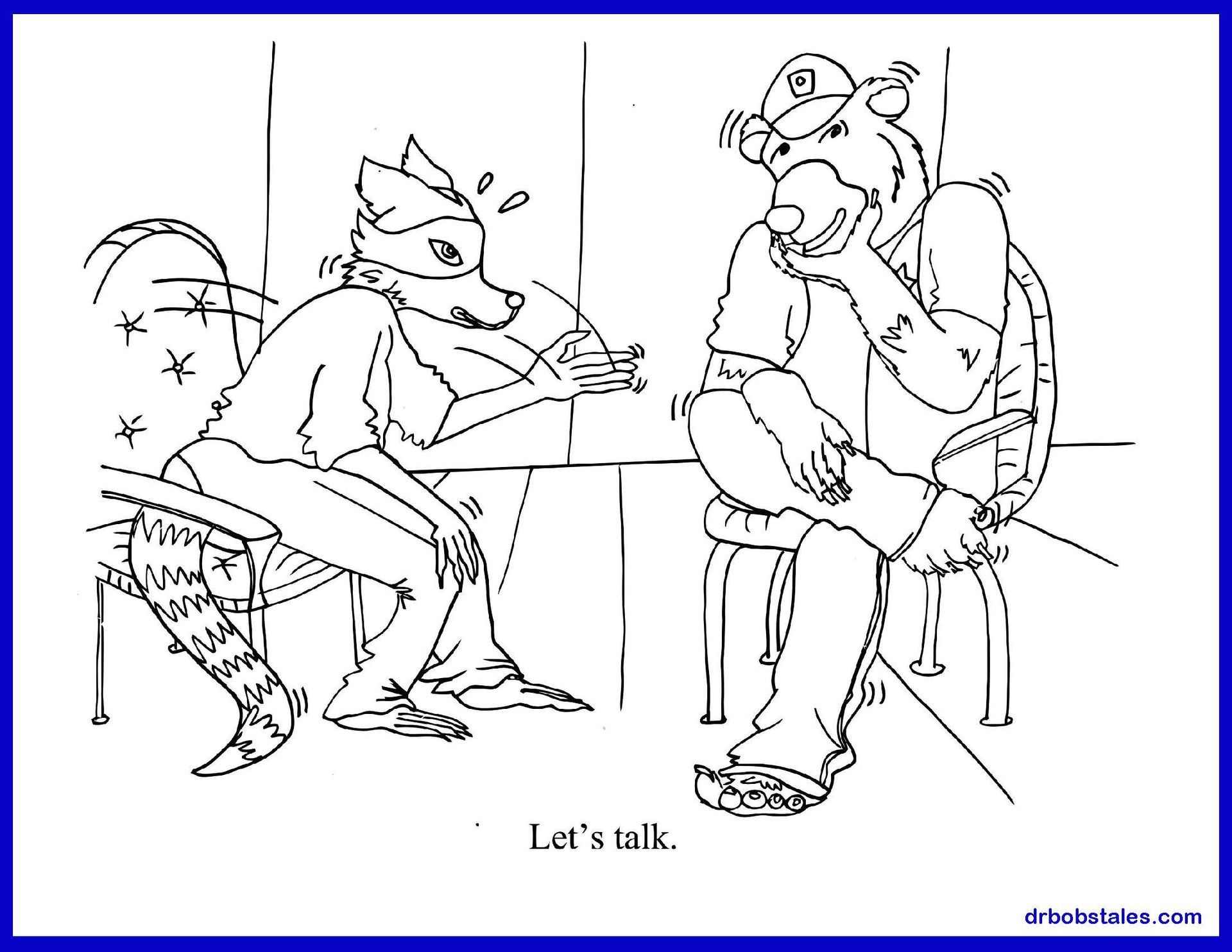 Two anthropomorphic figures at a table. One fox-like, gesturing. One bear-like, listening intently. 