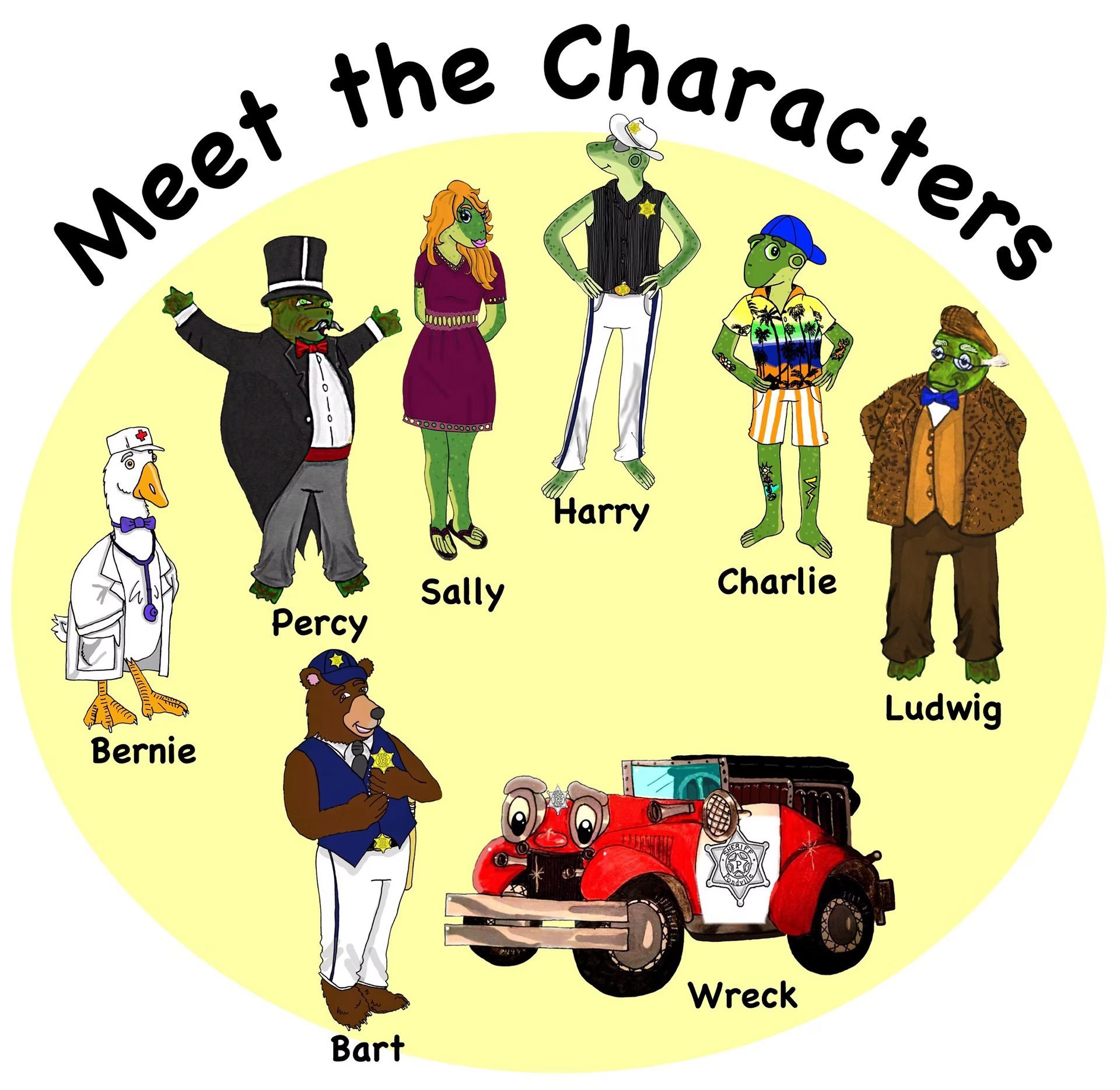 Characters: Bernie, Percy, Sally, Harry, Charlie, Ludwig, Bart, & Wreck, a car.