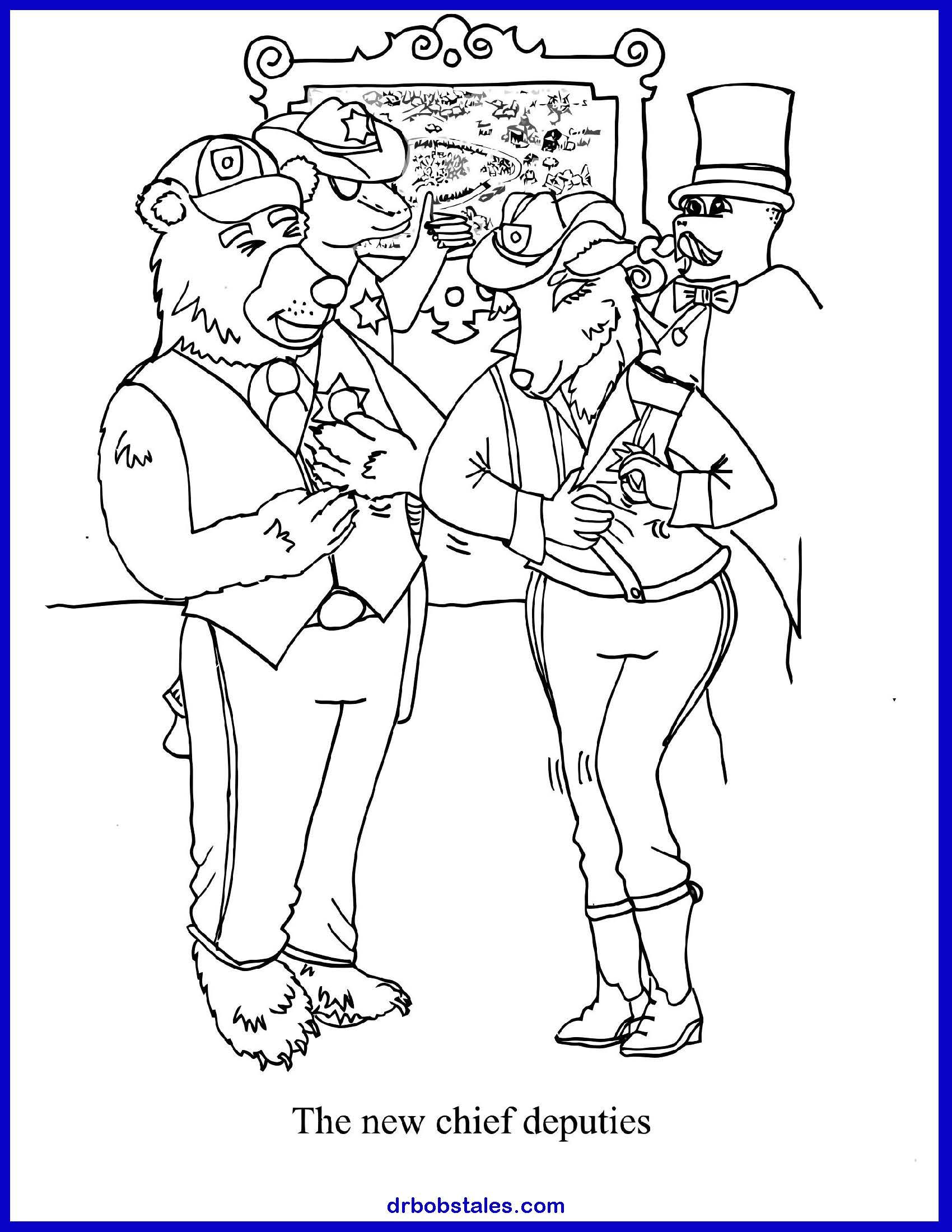 Two anthropomorphic animals in formal attire. Bears and a pig are in a meeting, with a person in a top hat watching.