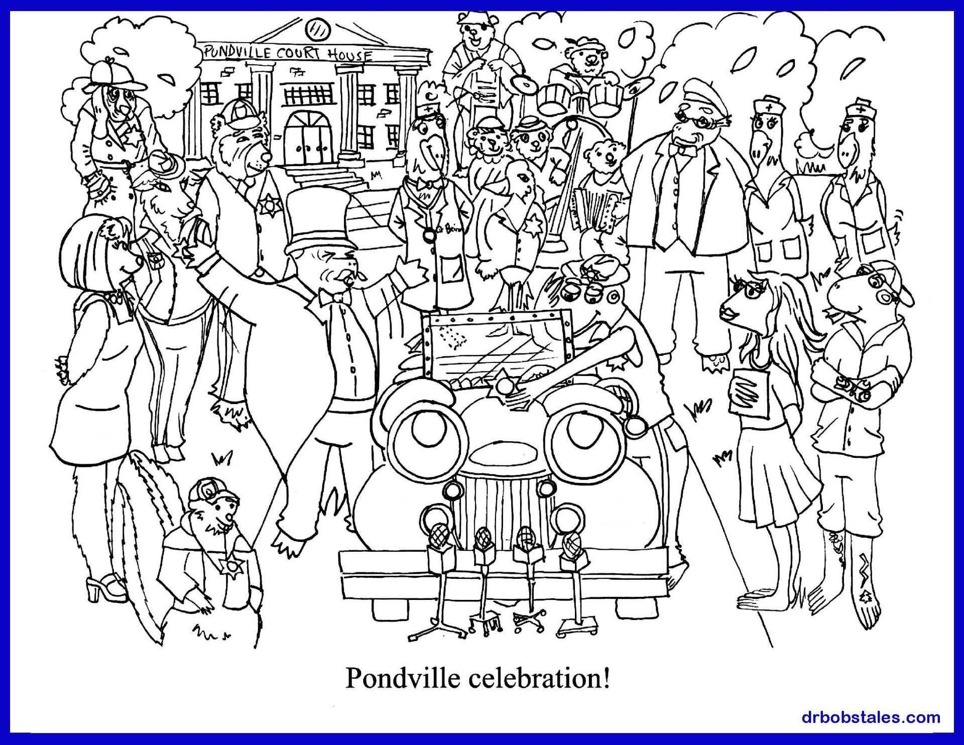 Crowd celebrates in Pondville; a vintage car leads, town hall in the background.