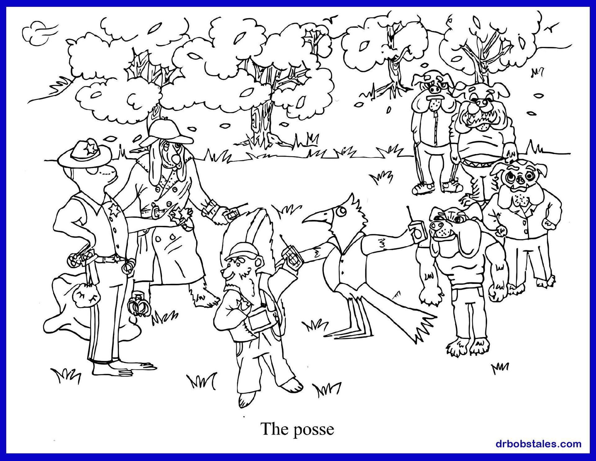 Cartoon of anthropomorphic animals in a grassy outdoor setting, labeled 