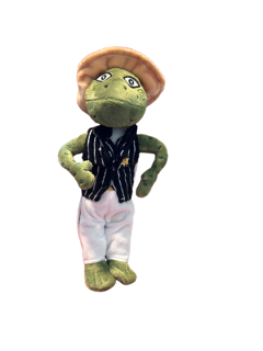Stuffed green frog in a straw hat and striped vest, posing in white pants.