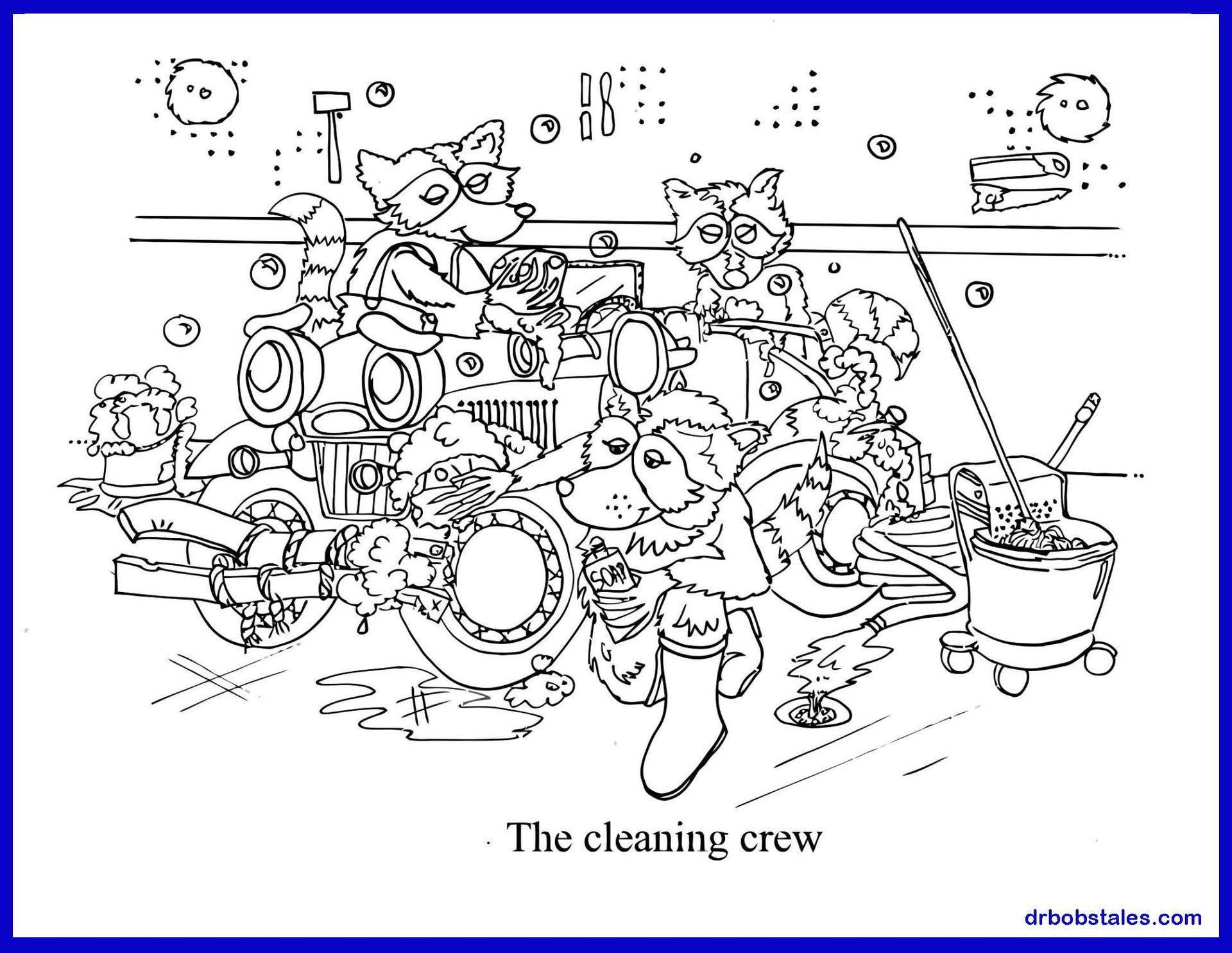 Fox and raccoon characters clean a messy vehicle with other animal friends.